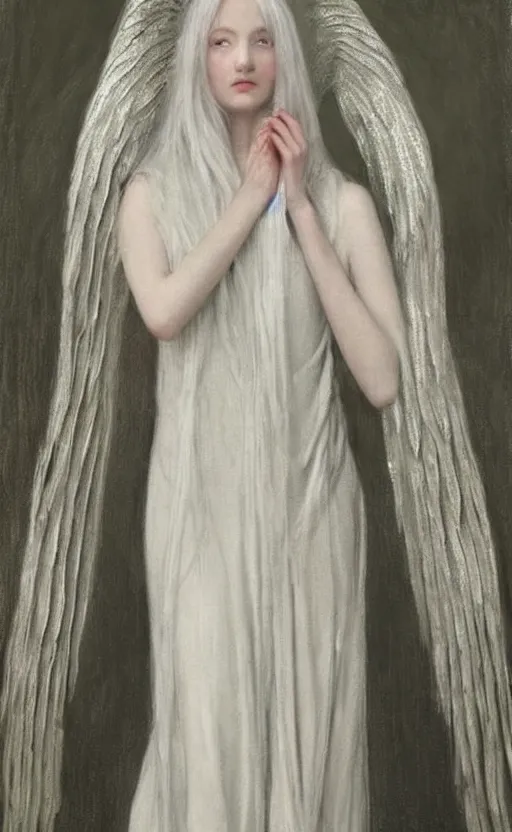 Image similar to say who is this with silver hair so pale and wan! and thin!? female angel, wearing long silver robes, flowing hair, pale fair skin, you g face, silver hair, covered!!, clothed!! lucien levy - dhurmer, jean deville, oil on canvas, 1 8 9 6, 4 k resolution, aesthetic!, mystery