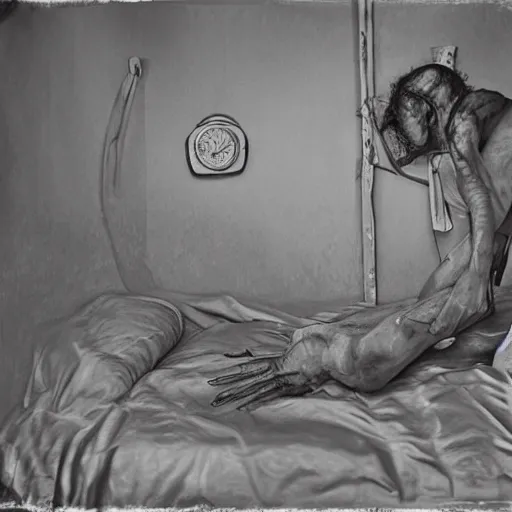 Prompt: Go to bed. Horror photo in hyperrealist style.