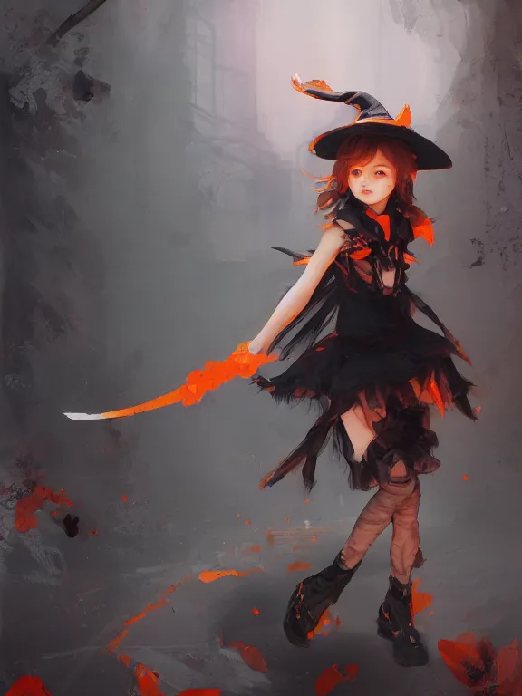 Image similar to Full shot of a cute mischievous young witch about to get up to some trouble. Black and Orange palette. By Ruan Jia and Artgerm and Range Murata and WLOP and CLAMP and Loish. Key Art. Fantasy Illustration. award winning, Artstation, intricate details, realistic, Hyperdetailed, 8k resolution.