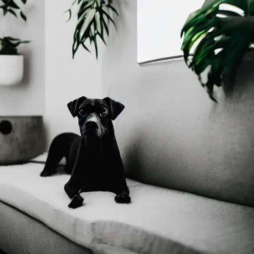 Image similar to a small black dog with a white face, lying down on a sofa, house plants and wood furniture in the background, indoors, dim light, photograph, 4 k, shot on iphone