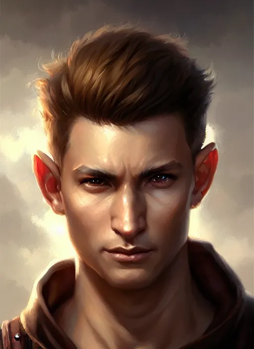 Image similar to a _ fantasy _ style _ portrait _ painting _ of light brown male short hair chiseled face big ears, rpg dnd oil _ painting _ unreal _ 5 _ daz. _ rpg _ portrait _ extremely _ detailed _ artgerm _ greg _ rutkowski _ greg