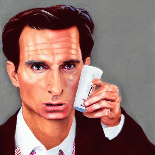 Image similar to patrick bateman drinking dr pepper, photorealistic art, 8 k