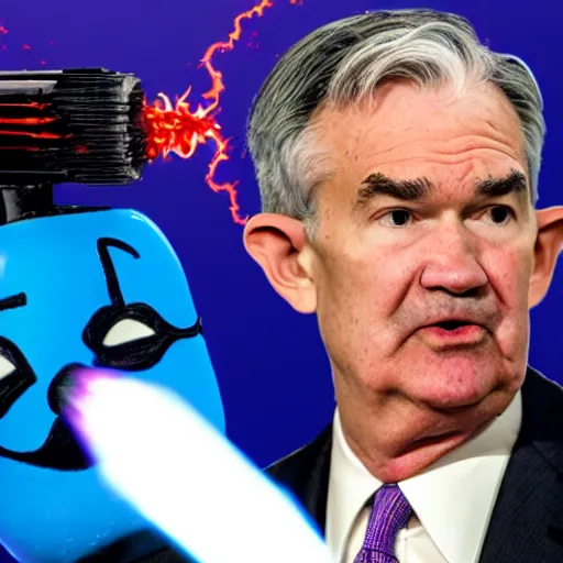 Prompt: detailed photo of Jerome Powell with whiteface clown makeup using a flamethrower projecting a long flame, highly-detailed