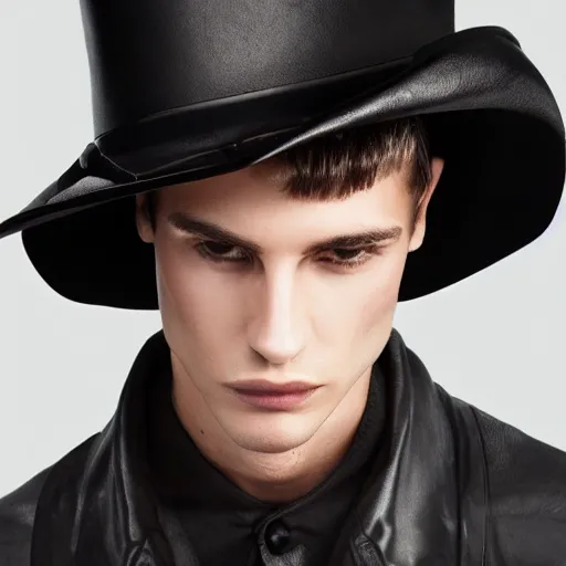 Image similar to a male model wearing a black leather hat, frontal view, cool looking