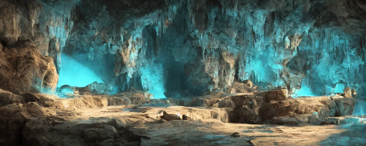 Prompt: Beautiful derelict ancient mountain cave with engravings all over the walls, volumetric lighting beaming through a crack in the roof shining on a turquoise clear pool. A soft glow slightly dusty atmosphere. Wallpaper. Ultra HD, V-ray, Octane Render, 8k, Sharp, Detailed, Maximalism. Stunning