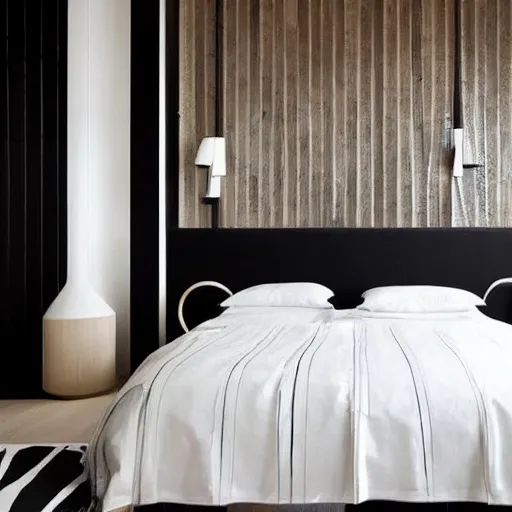 Image similar to bedroom, interior design, stylish luxury hotel bedroom design, black vertical slatted timber, stone, textures, feminine, black walls, art, vase with flowers, Japanese and Scandinavian influences