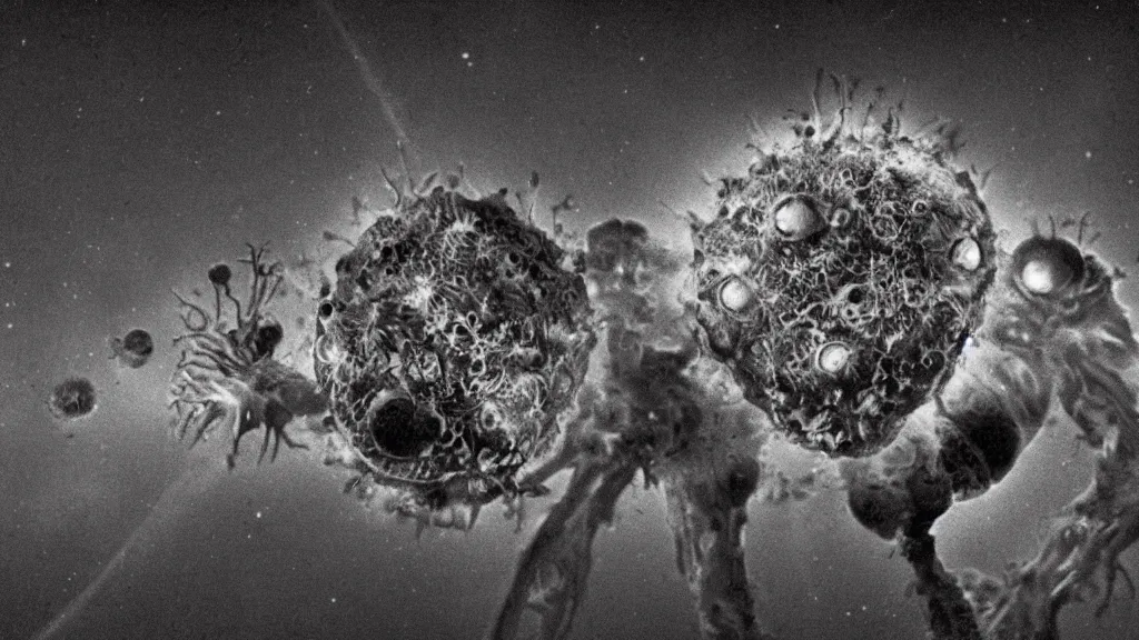 Prompt: a beautiful microscopic scientific photo of a coronavirus and an alien life form seen through the electron microscope, dark, sinister, detailed, in the style of John Gould and Greg Rutkowski