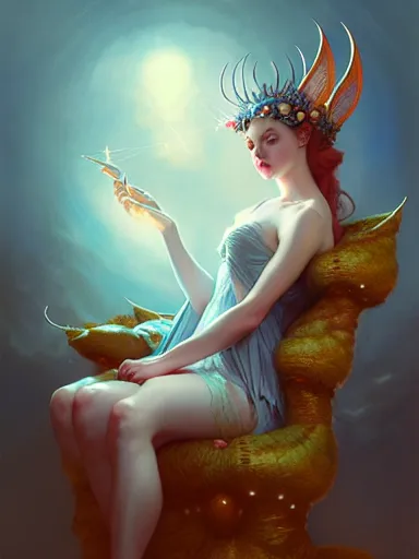 Image similar to the fairy queen on her throne, by james jean, charlie bowater, tom bagshaw, nikolay makovsky : : portrait, character design, illustration, hyperrealism, photorealism, digital art, concept art, fantasy, whimsy, weta, wlop, artstation