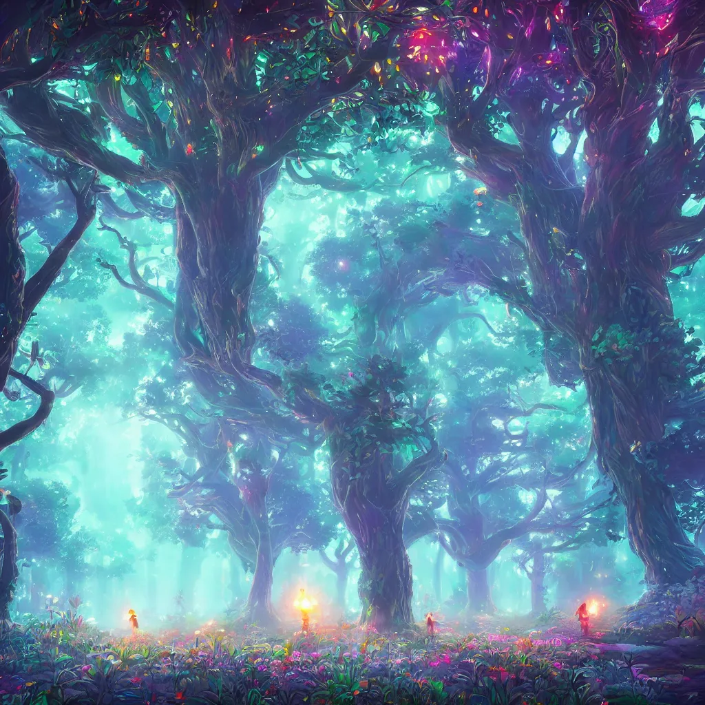 Image similar to huge trees, misty nighttime. radiating colorful energy. photorealistic, moody atmosphere,, holographic undertones, intricate and detailed, highly saturated colors. ori and the blind forest, breath of the wild style, studio ghibli!!!. trending on artstation. award winning, daily deivation