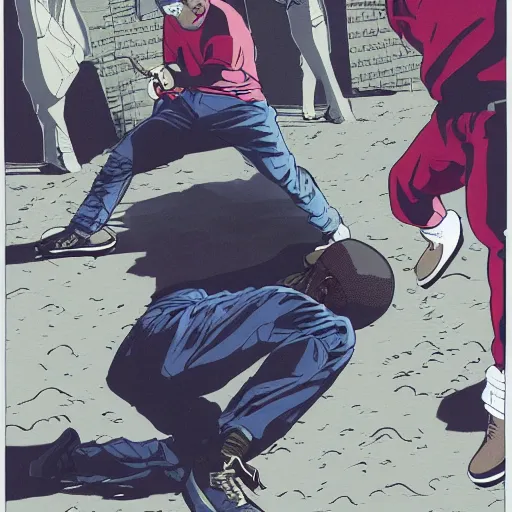 Image similar to An illustration of Kanye West beating up Pete Davidson by Katsuhiro Otomo, comic book style, 8K concept art, cel shaded, anime