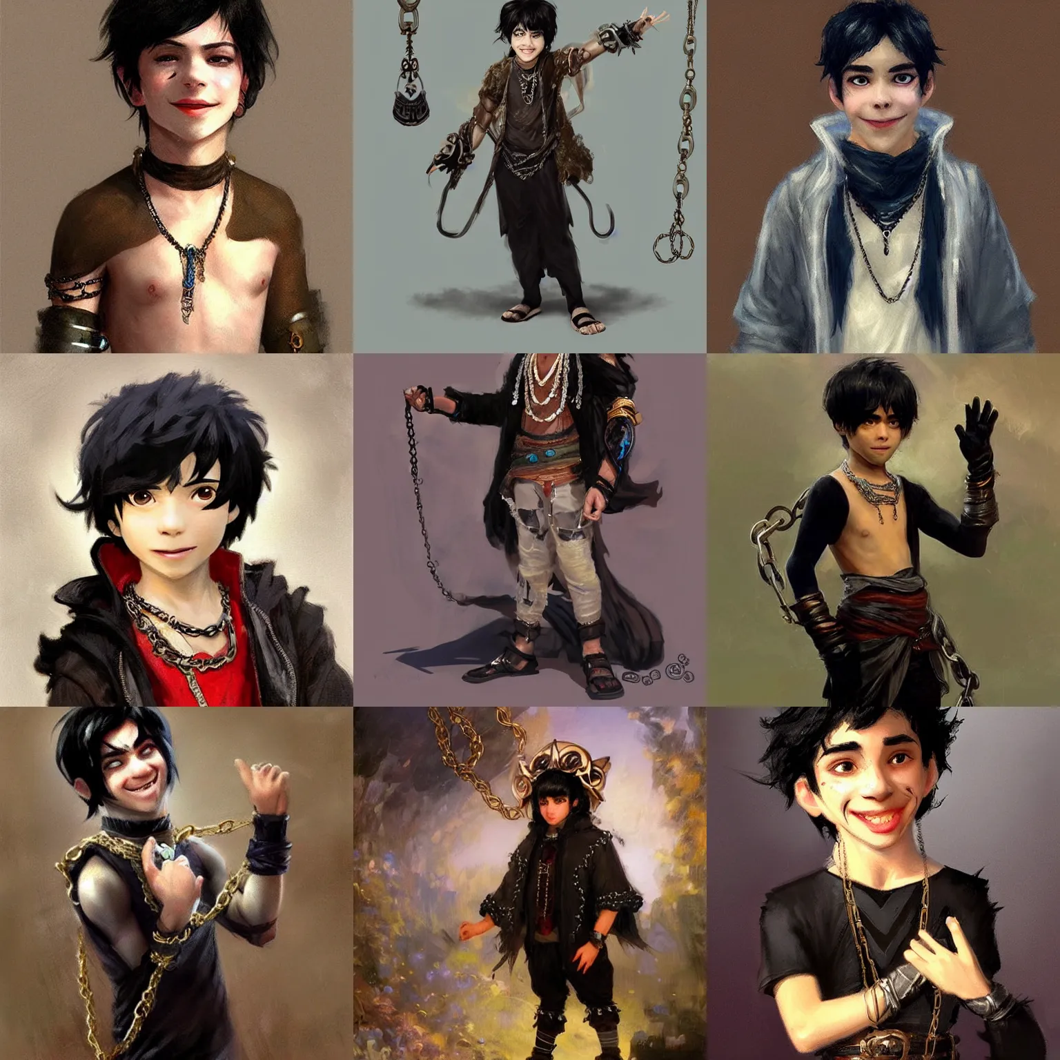 Prompt: a boy with black hair dressed as a demigod with fingerless gloves, pendants, chains and jewelry and a big smile and friendly demeanor. Concept art. Trending on Artstation. By Ilya Repin, Meyoco.