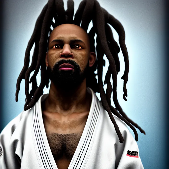 Image similar to hyperrealistic mixed media portrait of an overweightblack man with dreads wearing a gi, doing karate form on a mat, martial arts, 8 k octane beautifully detailed render, post - processing, extremely hyperdetailed, trending on artstation