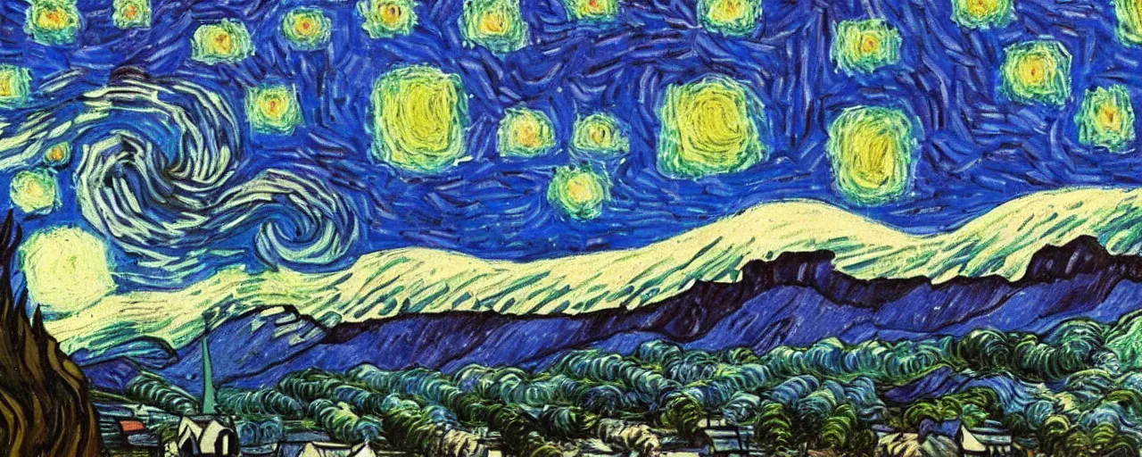 Image similar to landscape, mountain range in foreground, sky, style of Van Gogh starry night, atmospheric, small man in center standing on mountain, mist in valleys