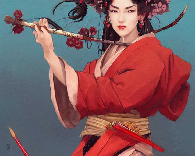 Prompt: A highly detailed female ronin warrior in a red kimono by Peter Mohrbacher, a cherry blossom dojo background by Kelly Mckernan, trending on artstation, HD,