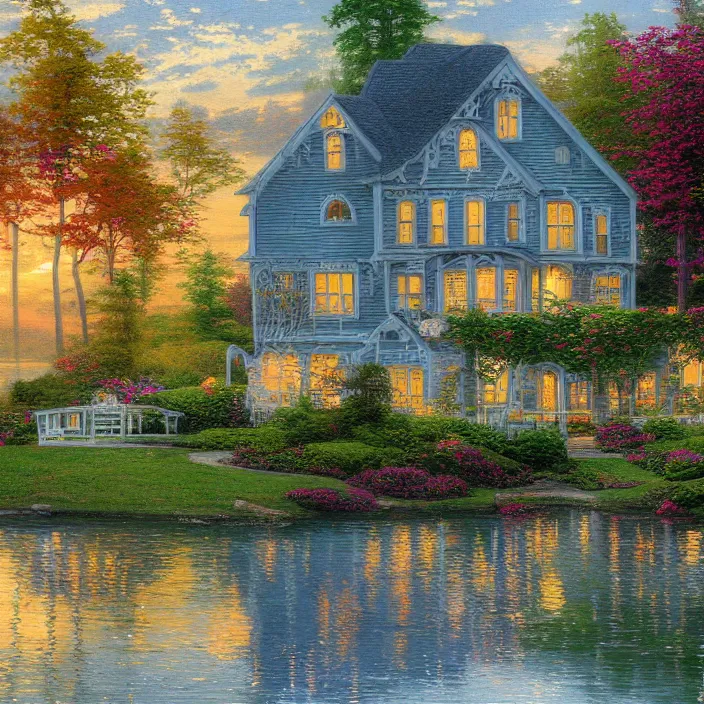 Prompt: house on the water with stunning reflection in the style of thomas kinkade