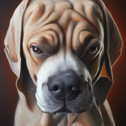 Image similar to Slavic dog head man, oil painting, full-length hyperrealism, beautiful, high resolution, trending on artstation,