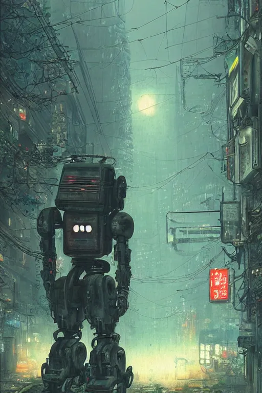 Image similar to vintage autochrome photo of ancient overgrown cyberpunk tokyo with robot by marc simonetti, night, rain, flowers, beautifully lit, hyperdetailed, unreal engine, photorealistic