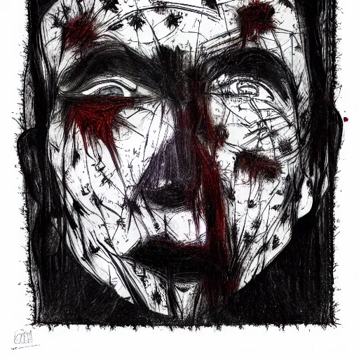 Image similar to multiple faces shredded like paper news screaming, dark horror, surreal, drawing, painting,