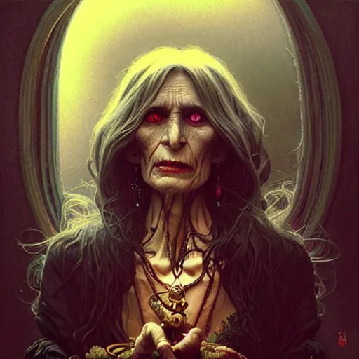 Prompt: portrait of a baba yaga, dark, piercing eyes, gentle expression, witchy clothing, photorealistic, highly detailed, artstation, smooth, sharp focus, art by michael whelan, artgerm, greg rutkowski and alphonse mucha