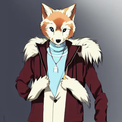 Image similar to key anime visual portrait of an anthropomorphic anthro wolf fursona, in a jacket, with handsome eyes, official modern anime art