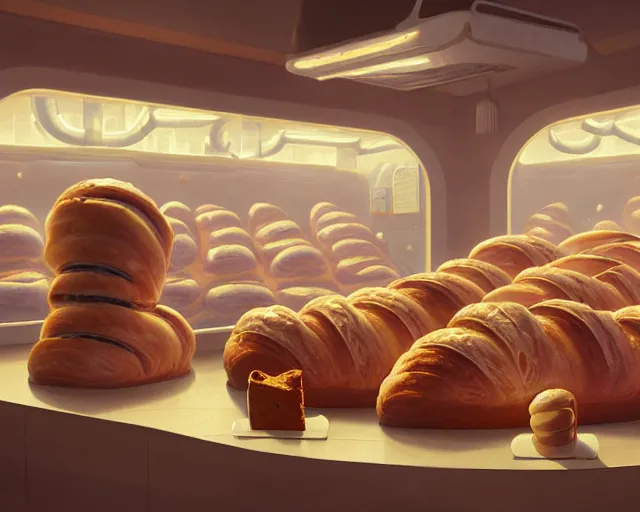 Image similar to alien bakery interior, cozy, bread and croissants, display case, surrealism, artstation, sylvain sarrailh