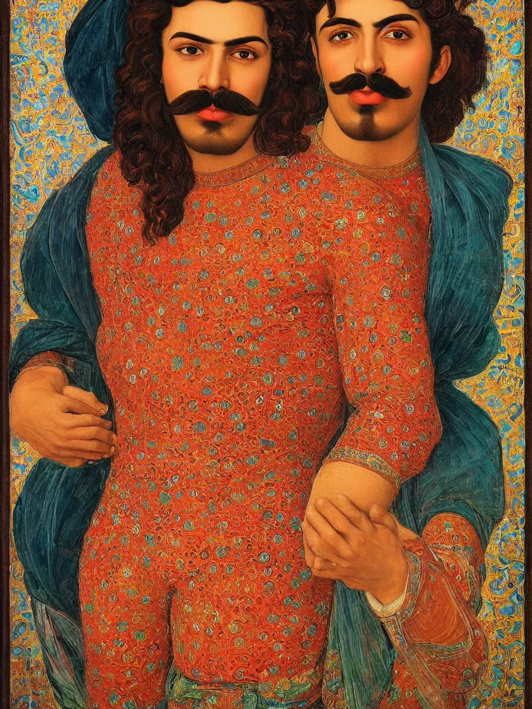 Image similar to portrait of a 20 years old muscular persian iranian wrestler handsome man with a mustache by victor Nizovtsev and botticelli