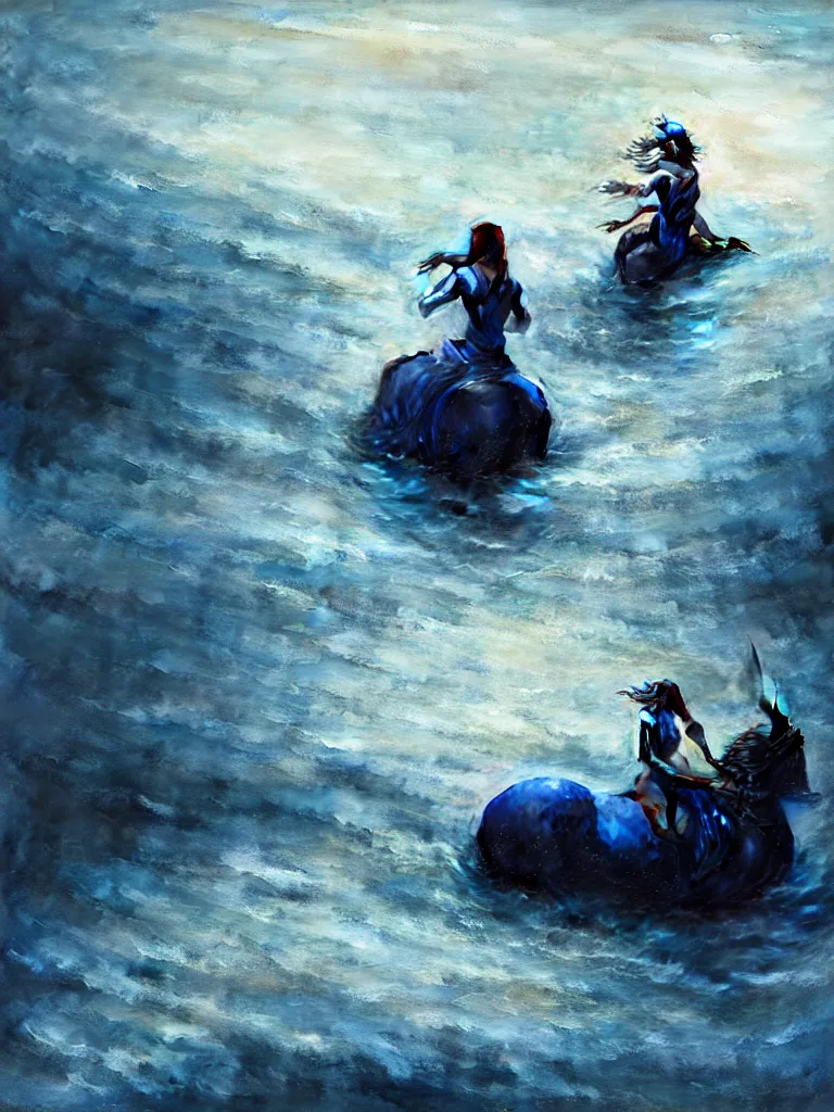 Prompt: a vintage photo of one sad female riding on the unicorn in the river, gloomy, strong subsurface scattering, cobalt blue floating in the river, art by greg rutkowski