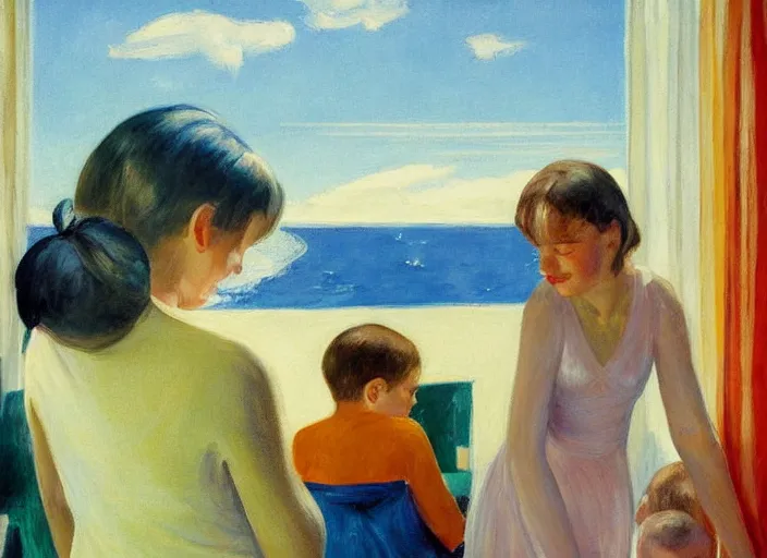 Image similar to detailed painting of mother with two sons aged 6 and 9 on vacation in the druskininkai resort by edward hopper