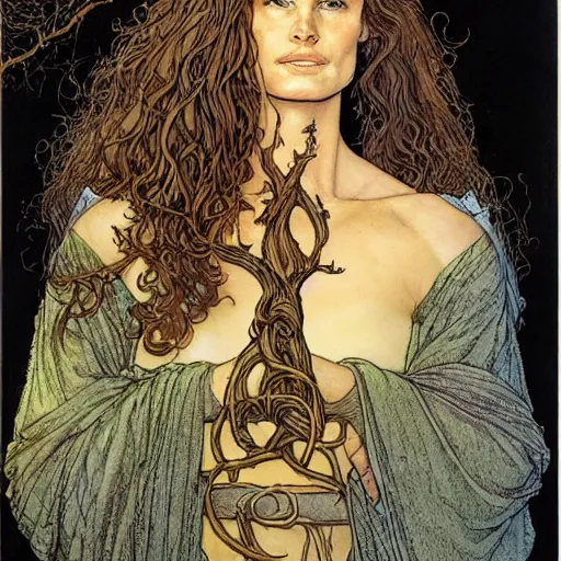 Image similar to a realistic, very beautiful and atmospheric portrait of young brooke shields aged 2 0 as a druidic warrior wizard looking at the camera with an intelligent gaze by rebecca guay, michael kaluta, charles vess and jean moebius giraud