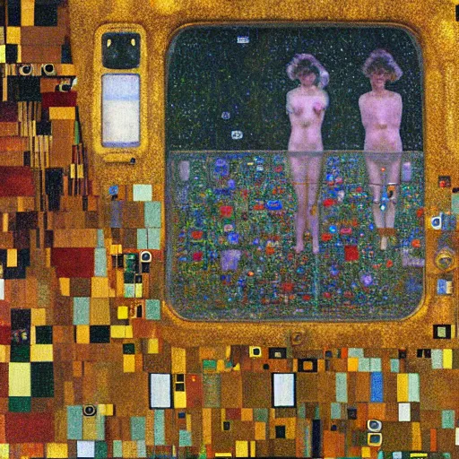 Image similar to men and women looking out of the porthole windows on a large ufo in the sky above a town painting by gustav klimt