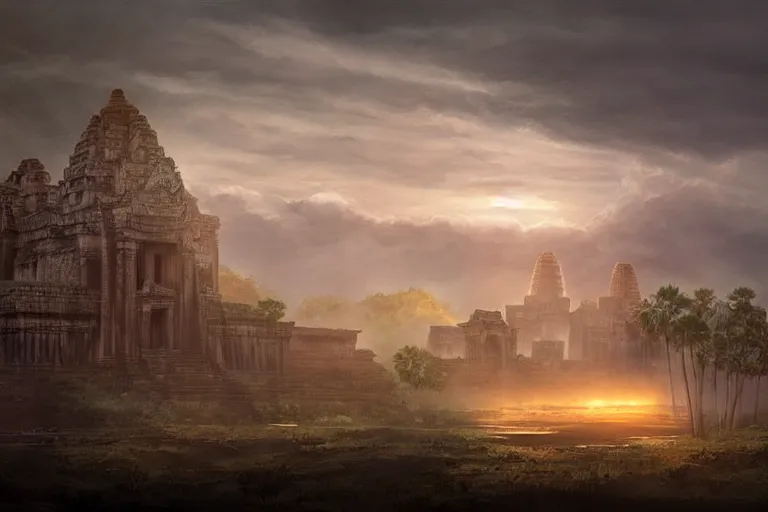 Image similar to cinematic lighting fantasy painting, an ancient land, sunset and ominous shadows over the kingdom, rivers and vilalges brutalist angkor rivendell by jessica rossier