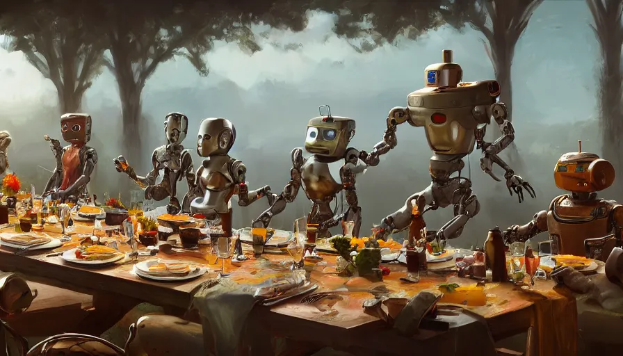 Image similar to a table dinner of robots where robots are dressed like the characters from the midsommar movie, realistic detailed digital art by maxwell boas jessica rossier christian dimitrov anton fadeev trending on artstation cgsociety rendered in unreal engine 4 k hq