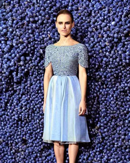 Prompt: nathalie portman at new york fashion week, in a risque outfit made from blue grapes, by greg rutkowski, high fashion, female beauty, intricate detail, elegance, sharp shapes, soft lighting, vibrant colors, masterpiece