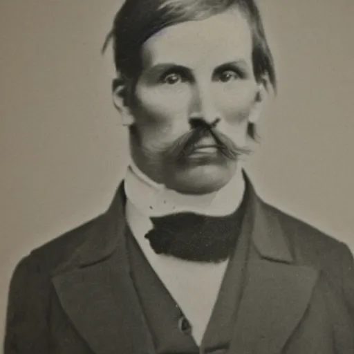 Image similar to A photograph portrait of Jerma985 with a pyramidal mustache in the early 1800s, taken in the early 1800s, 1840s, grainy, taken on a Field View Camera, realistic, hyperrealistic, very realistic, highly detailed, very detailed, extremely detailed, detailed, digital art, trending on artstation