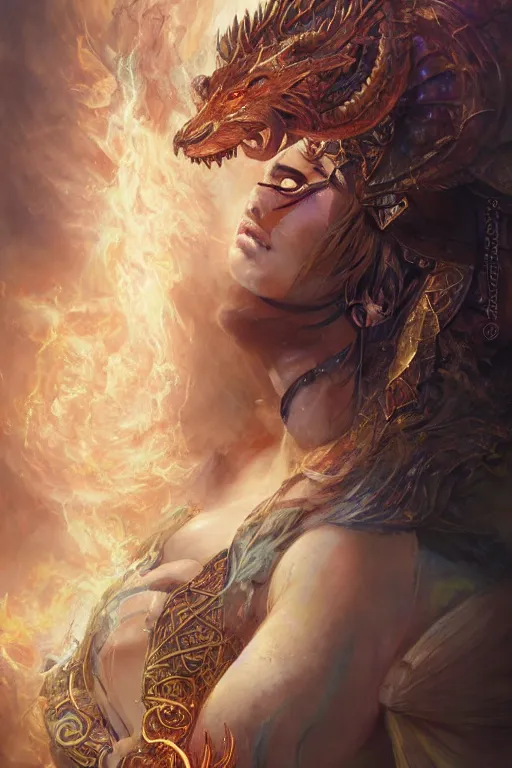 Image similar to front portrait of beautiful girl sorcerer looking up with fire and golden dragon skin, celtic rune tattoos, casting magic spell, angel, fantasy, magic the gathering, hyper detailed, 3 d render, hyper realistic detailed portrait, peter mohrbacher, wlop, ruan jia, luis royo