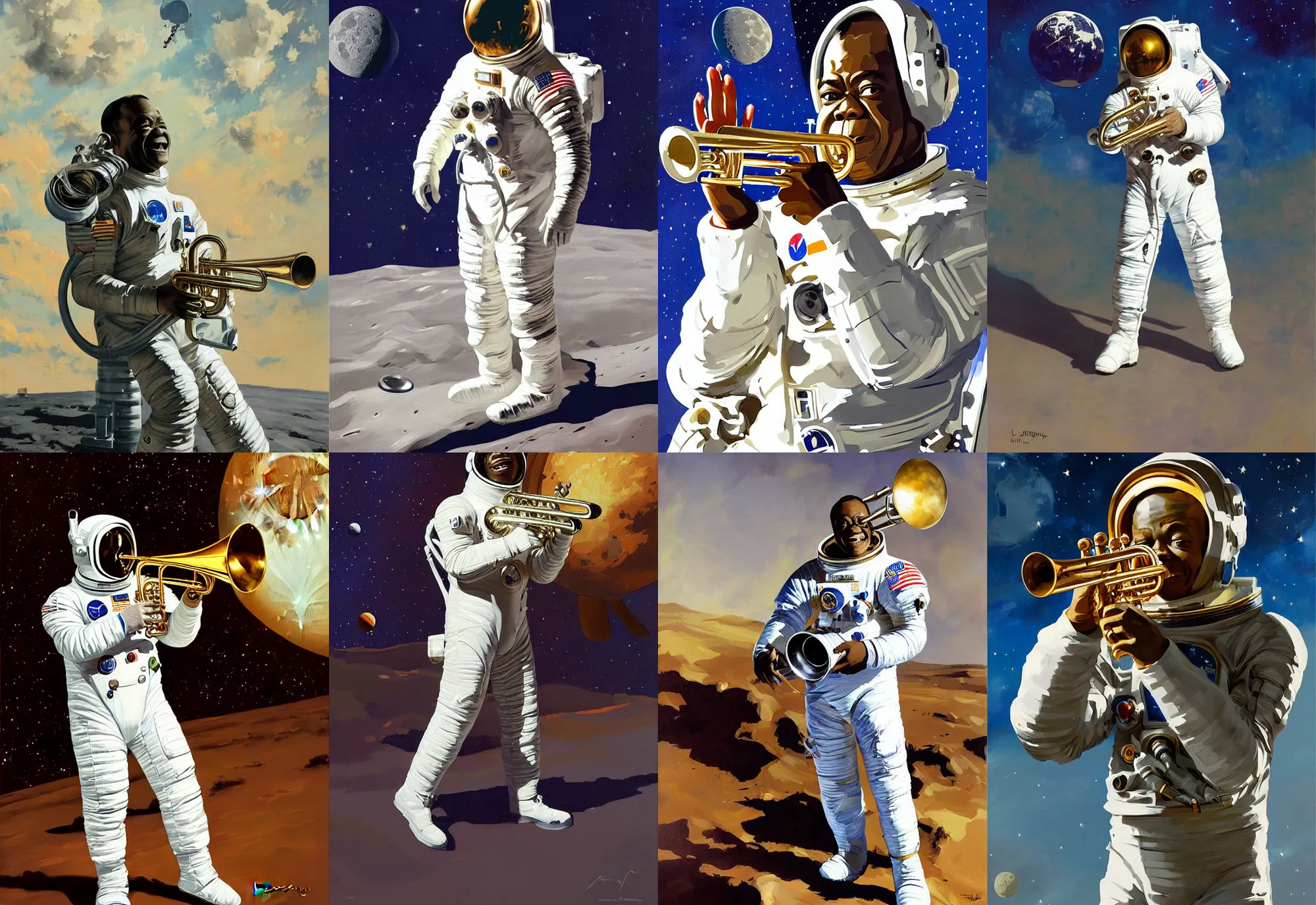 Prompt: a portrait of louis armstrong wearing a space suit on the moon, with a faraway trumpet floating in space, by greg manchess and john singer sargent and jonathan yeo, dramatic lighting, highly detailed digital painting