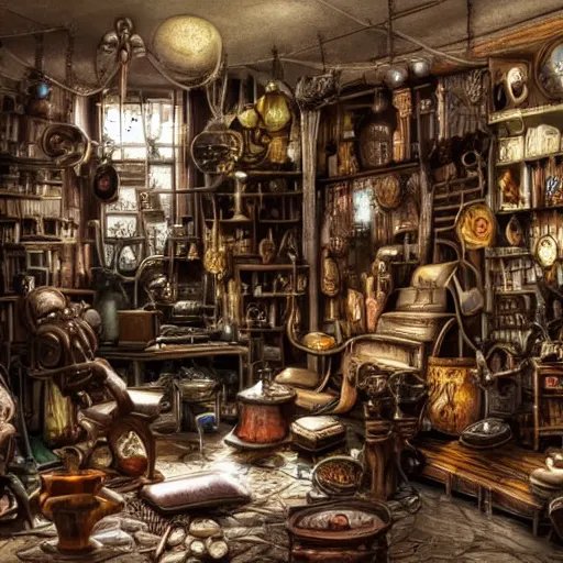 Prompt: weird interior full of stuff, chaotic ambiance, living room of a mad alchemist