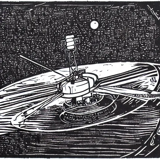 Prompt: voyager probe, woodcut,