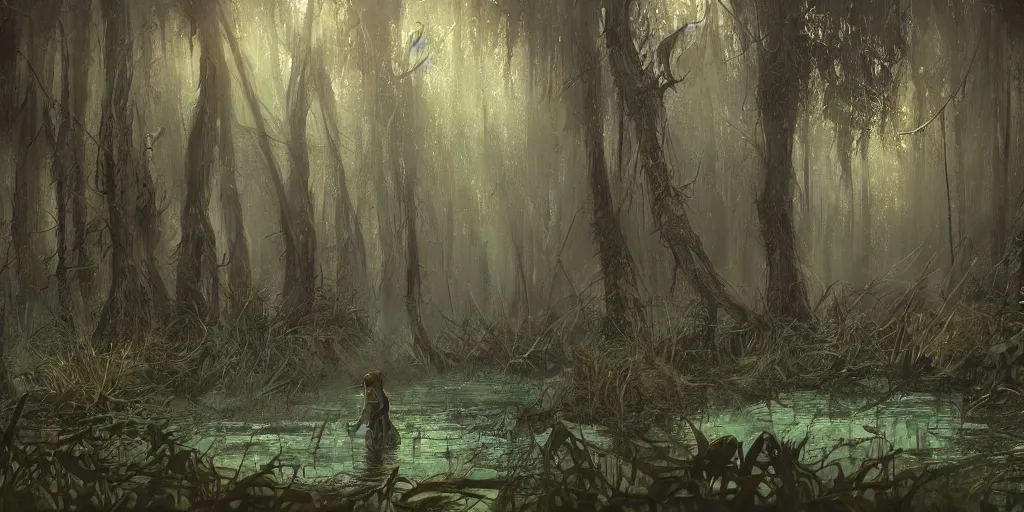 Image similar to reed - people in futuristic spiritual mystical post apocalyptic swampy forest in kyiv drawn by ron gilbert, dim painterly volumetric aquatic lighting, scenic, beautiful, crisp, artstation, highly detailed