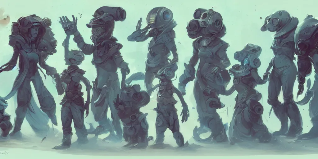 Image similar to Character concept art of a group of quirky human outcast that are a crew on a small spaceship by Peter Mohrbacher and Marc Brunet