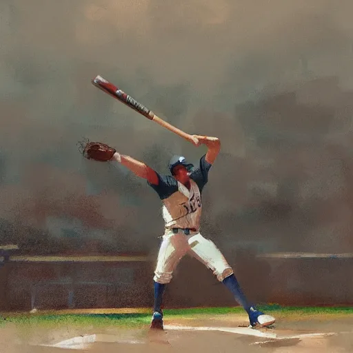 Image similar to baseball player hitting the ball with the baseball bat in the middle of the game and in front of everyone in the stadium, james gurney painting style, greg rutkowski, artstation