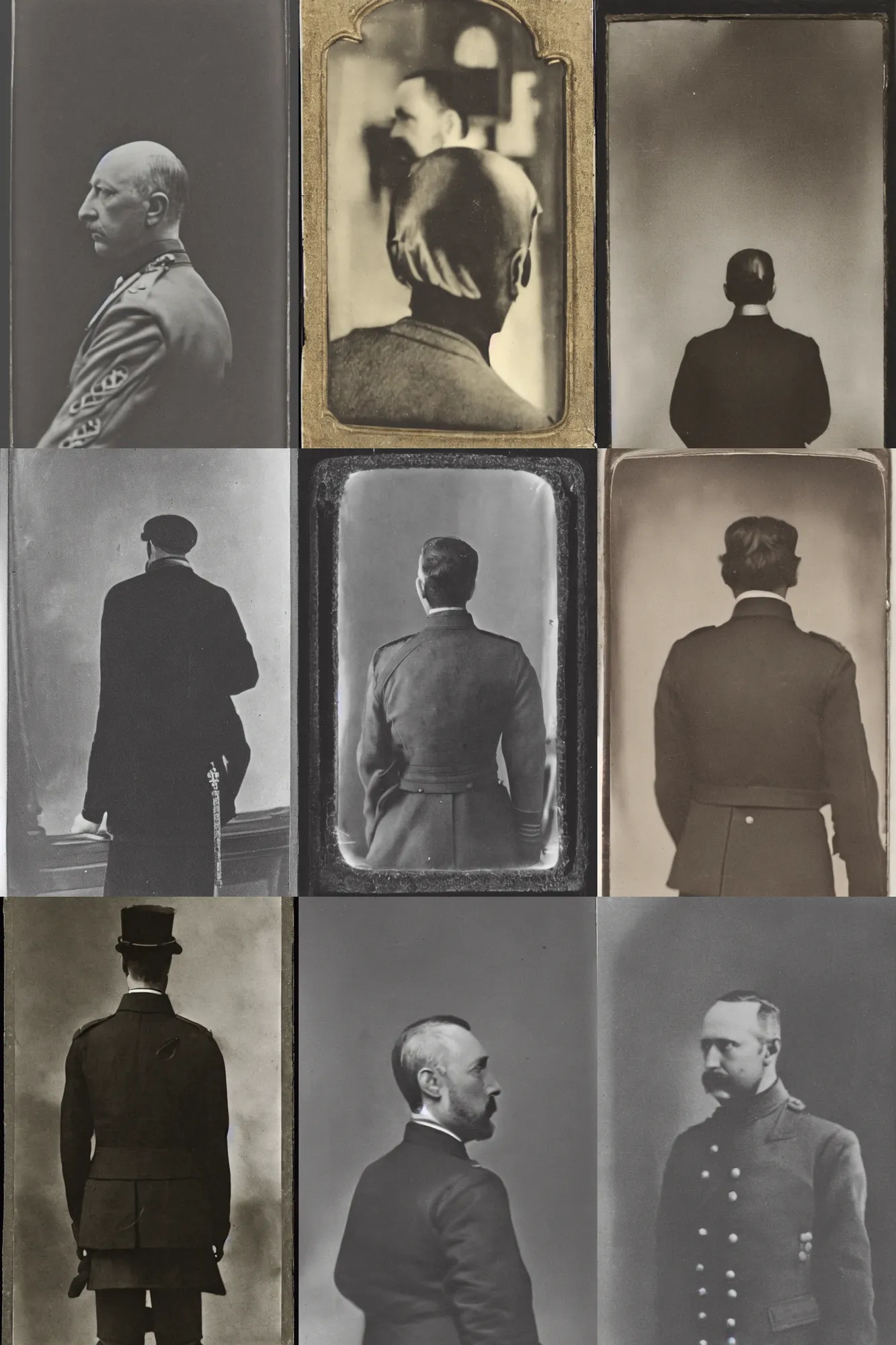 Prompt: daguerrotype of Francisco Franco looking his back in a triple mirror