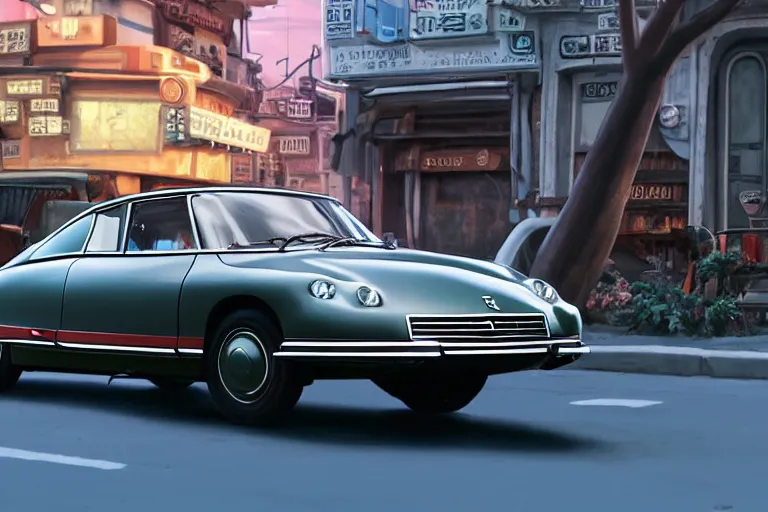 Image similar to a wholesome animation key shot of!! one!! focused! 1 9 7 4 citroen ds! in the street, medium shot, studio ghibli, pixar and disney animation, sharp, very detailed, high resolution, rendered in unreal engine 5, anime key art by greg rutkowski, bloom, dramatic lighting