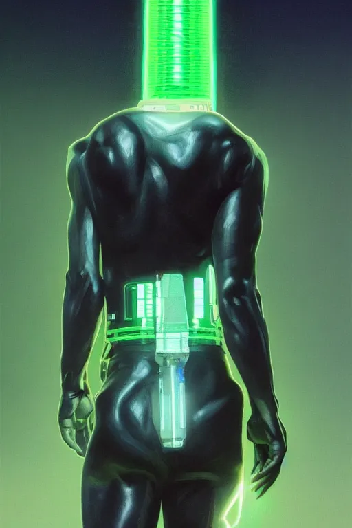 Image similar to full body shot green radio head man back view synth wave, blank lighting ultra realistic photorealistic highly detailed high quality, a stunningly, digital painting, artstation, concept art, smooth, sharp focus, illustration, art by artgerm and greg rutkowski and alphonse mucha 8 k