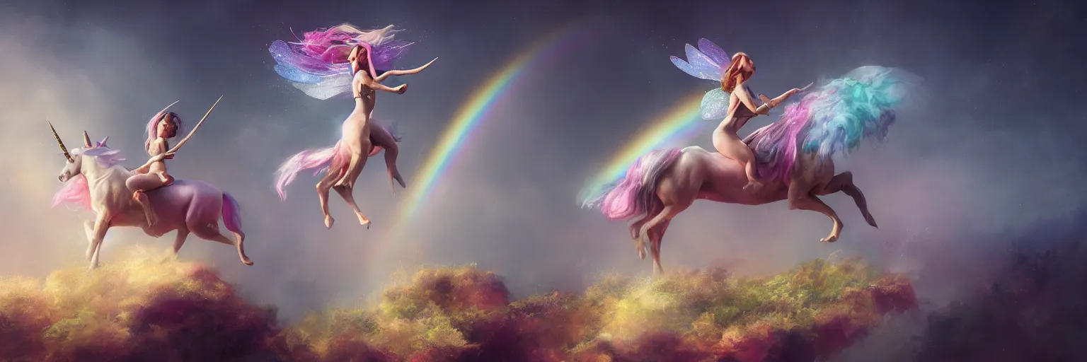 Prompt: a fairy riding a unicorn on the top of a rainbow, pastel tones, sparkles, glitter, octane render, 8k, flat brush, matte painting, trending on artstation, by Antonio J. Manzanedo