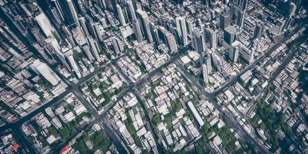 Prompt: drone view of a city with a large road through, Brutalist architecture,sharp focus,telephoto lens,3D digital art 4k