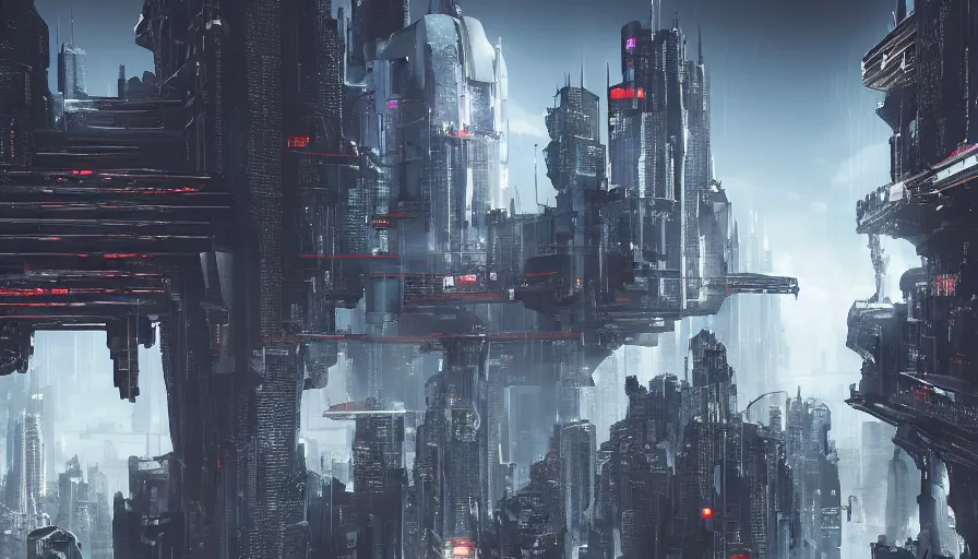 Prompt: an epic war between two sides above an imperialistic futuristic city, utopia, gloomy, symmetrical, firm, blank, lifeless, detailed, realistic, 8 k, cyberpunk
