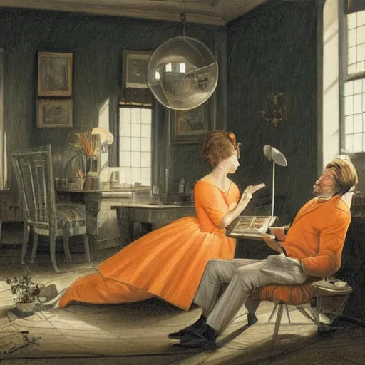 Image similar to A beautiful drawing of a man and a woman sitting in a room. The woman is reading a book while the man is writing at a desk. The light from the window illuminates the room and the couple. The couple is surrounded by a few items in the room, including a globe and a few potted plants. fluorescent orange by Albert Lynch, by Shinji Aramaki, by Quint Buchholz distorted, rigorous