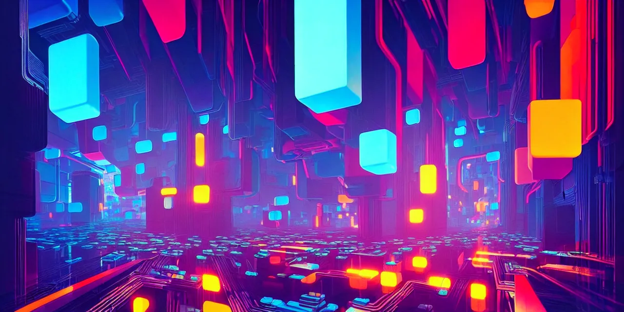 Image similar to a cyberpunk colorful cubes interconnected with glowing tubes, giant tubes connecting separate blocks, blockchain, symmetry, intricate, volumetric lighting, beautiful, rich deep colors masterpiece, sharp focus, ultra detailed, in the style of john harris