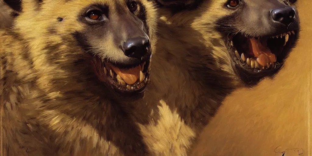 Prompt: a portrait of a hyenaman smiling looking at the viewer. highly detailed painting by gaston bussiere, craig mullins, j. c. leyendecker 8 k